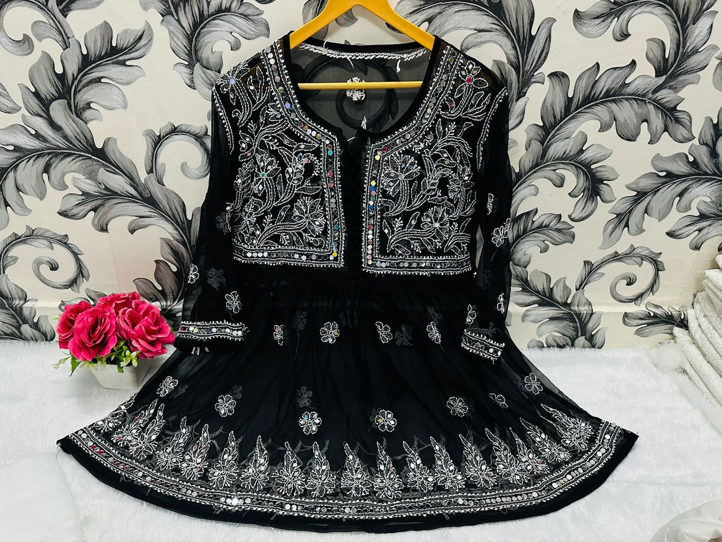 Black Glimmering Georgette Mirror Work Short Gown, Dupatta, and Sharara Full Combo Set (INNER INCLUDED)