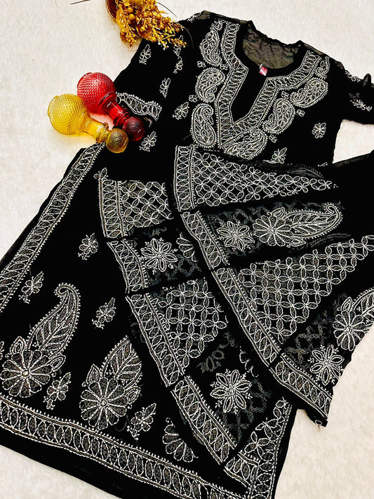 Black Lucknawi Chikankari Georgette Kurti and Sharara Set , Dupatta and Inner Included