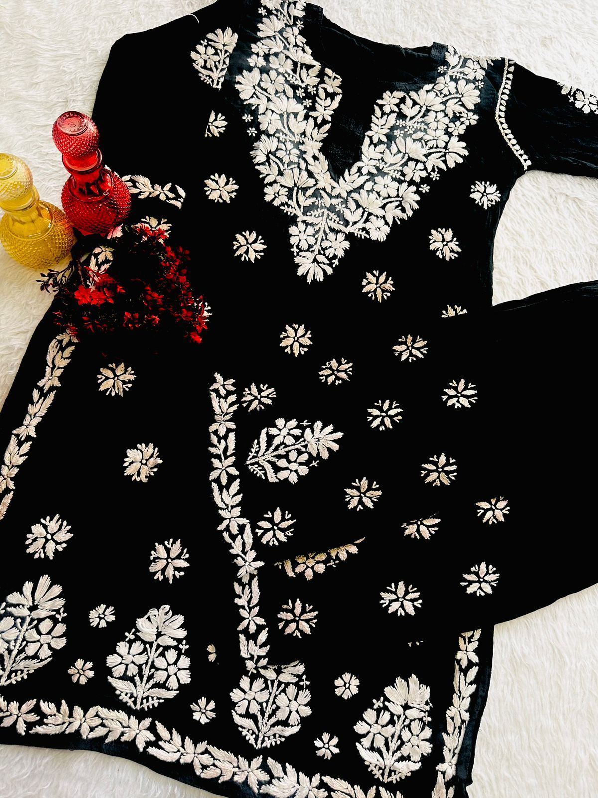 Black 🌼 Lucknawi Chikankari Heavy Work Rayon Ensemble 🌼