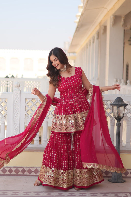 Vibrant Red Elegance: Faux Georgette Kurti with Sequins & Thread Embroidery