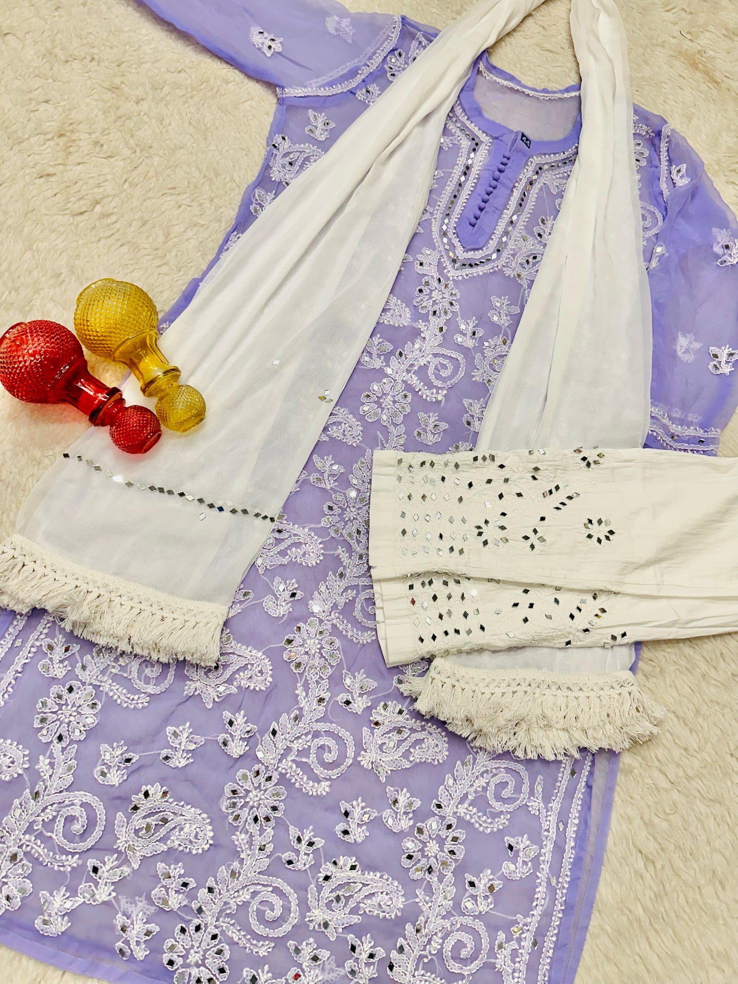 Lavendar Lucknawi Georgette Chikankari Mirror Phool Bel 3 pc Set