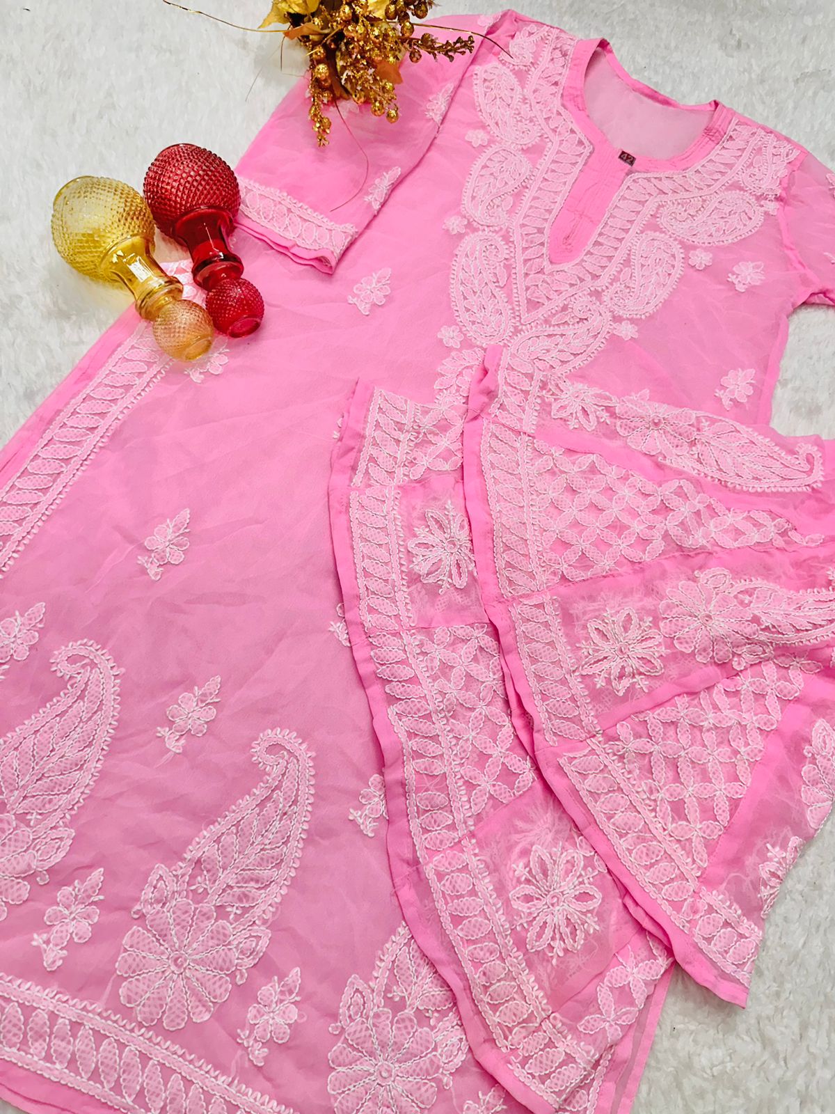 Pink Lucknawi Chikankari Georgette Kurti and Sharara Set , Dupatta and Inner Included