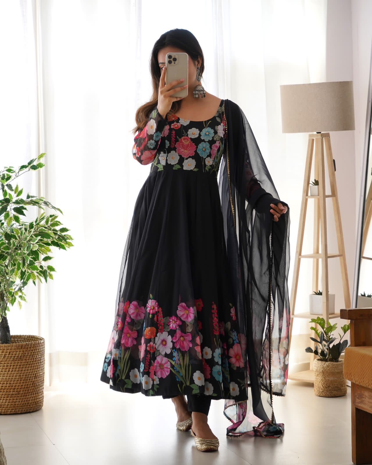 Black Floral Elegance Pure Soft Organza Silk Anarkali Set