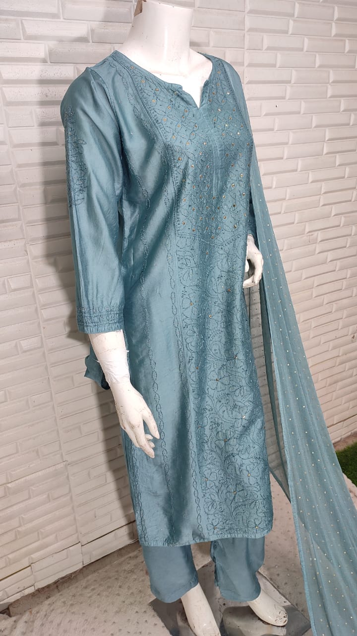 Teal Blue Chikankari Elegance: Modaal Chanderi Cutdana Ensemble