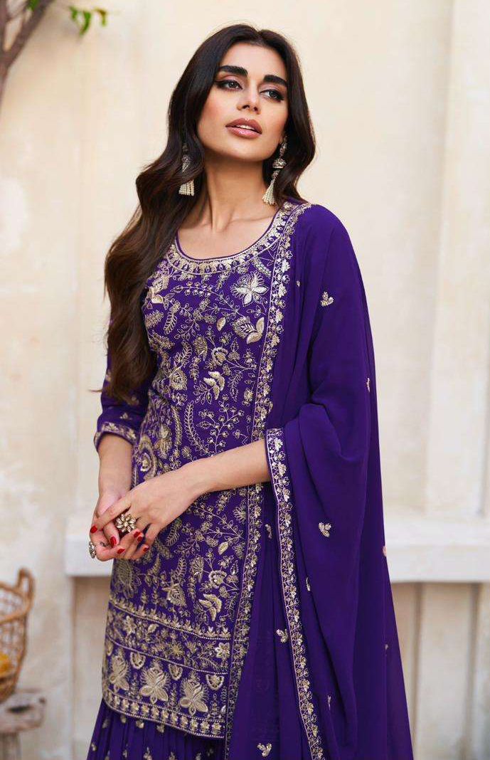 Graceful Purple Charm Pakistani Kurta Sharara Dupatta Set