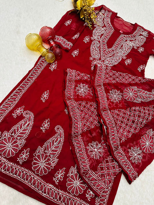 Wine Lucknawi Chikankari Georgette Kurti and Sharara Set , Dupatta and Inner Included