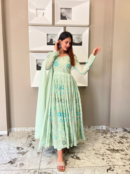 Light Green Designer Anarkali Suit Set with Real Model Design