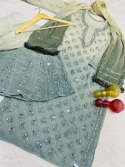 Olive Green Chikankari Elegance Ombré Mirror Booti Jaal Set - Kurti, Sharara & Dupatta -(Inner Included)