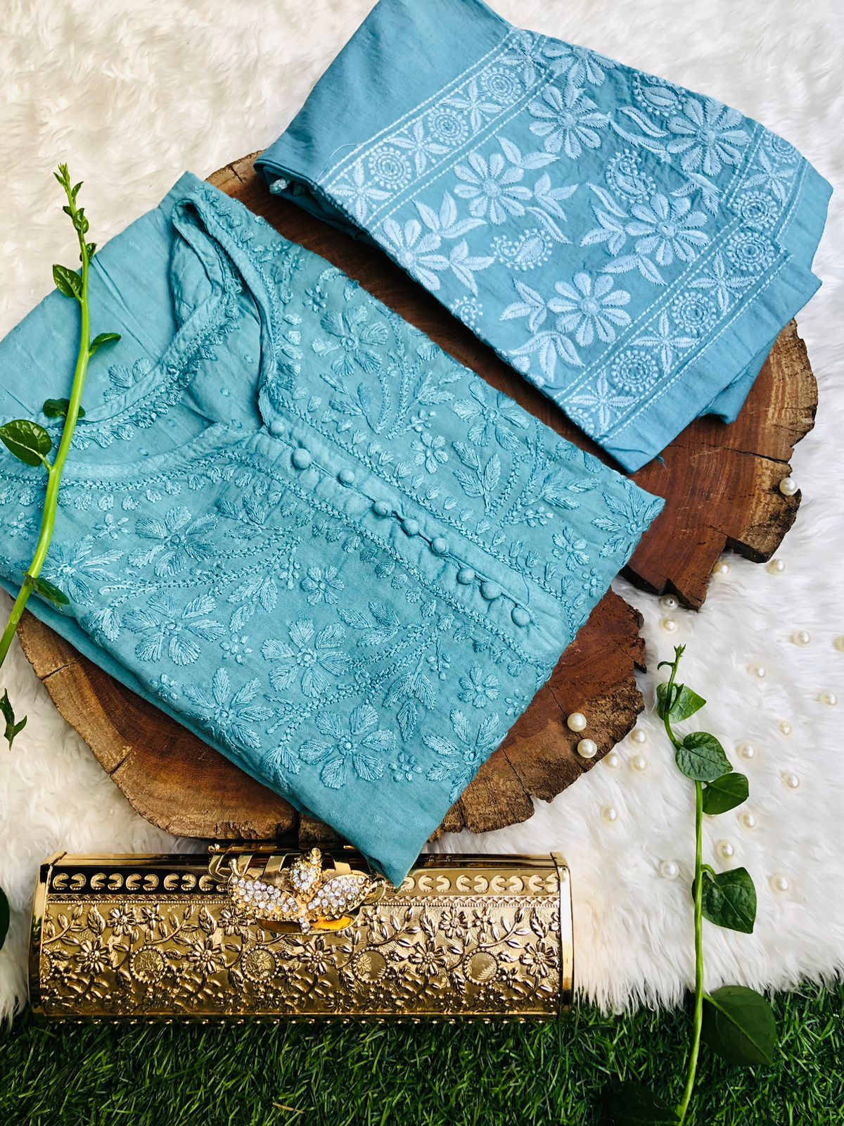 Teal Green Cotton Chikankari Hand Work Kurti Pant Sets