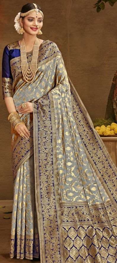 Banarasi Silk Traditional Saree in Black and Grey with Weaving work