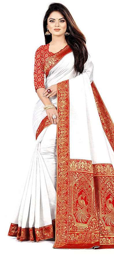 Cotton Traditional Saree in White and Off White with Weaving Work-1784591