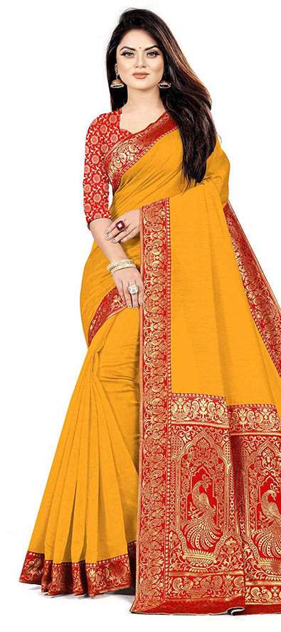 Cotton Traditional Saree in Yellow with Weaving Work-1784593