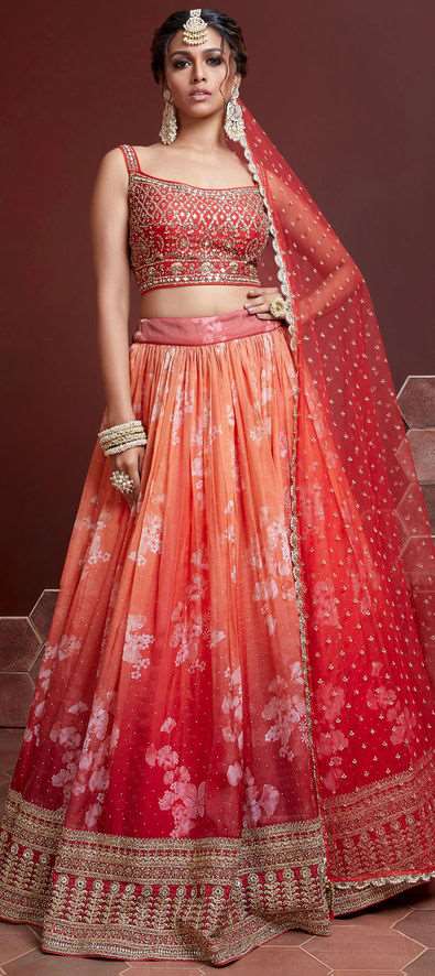 Art Silk Mehendi Sangeet Lehenga in Orange with Digital Print work-1790325