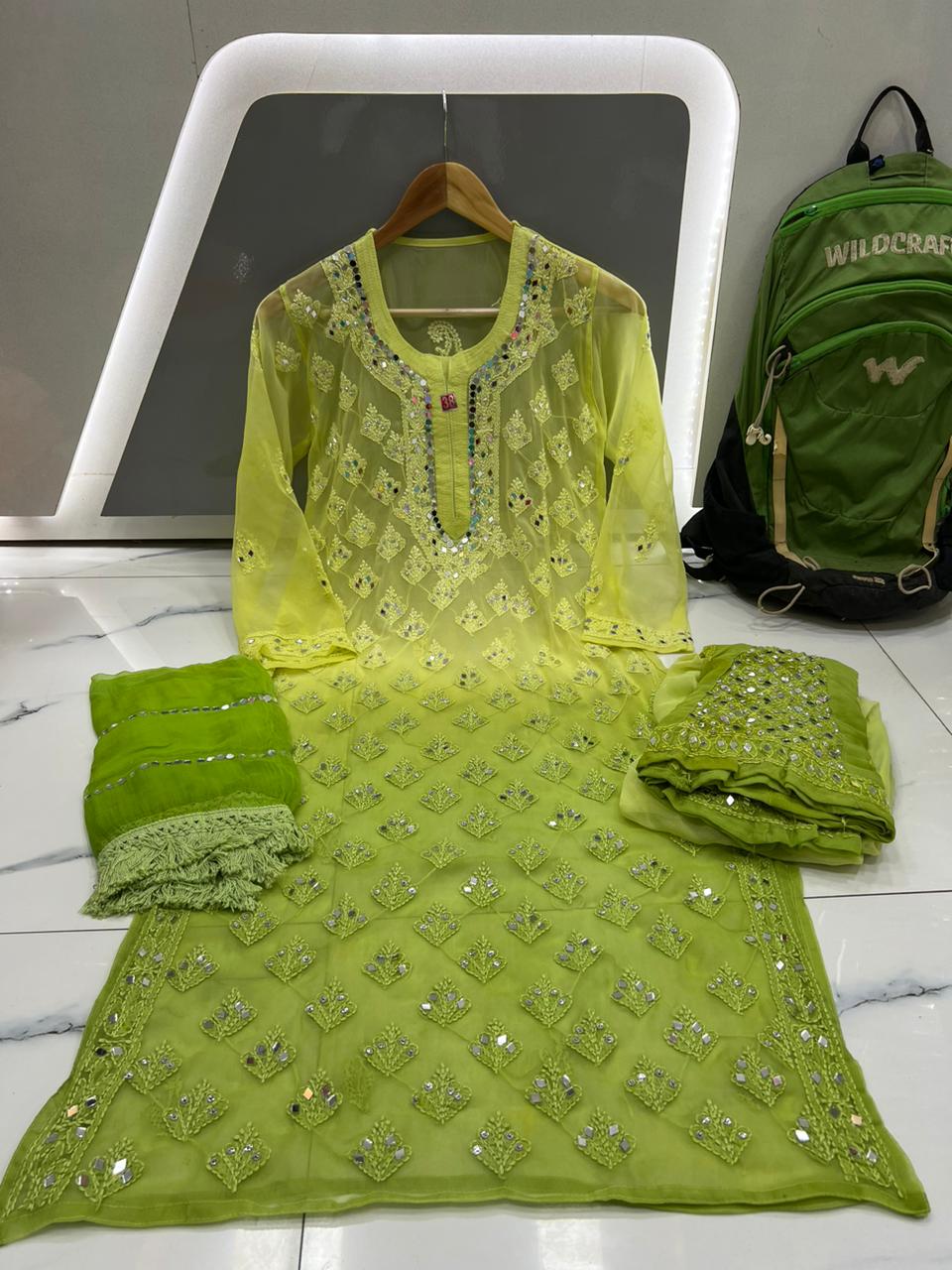 Parrot Green Chikankari Elegance Ombré Mirror Booti Jaal Set - Kurti, Sharara & Dupatta -(Inner Included)