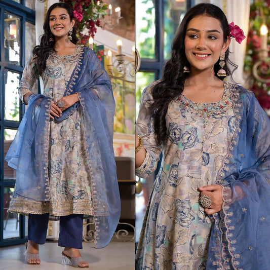 Chikoo & Blue Floral Foil Printed Mulmul Cotton Anarkali Salwar Suit