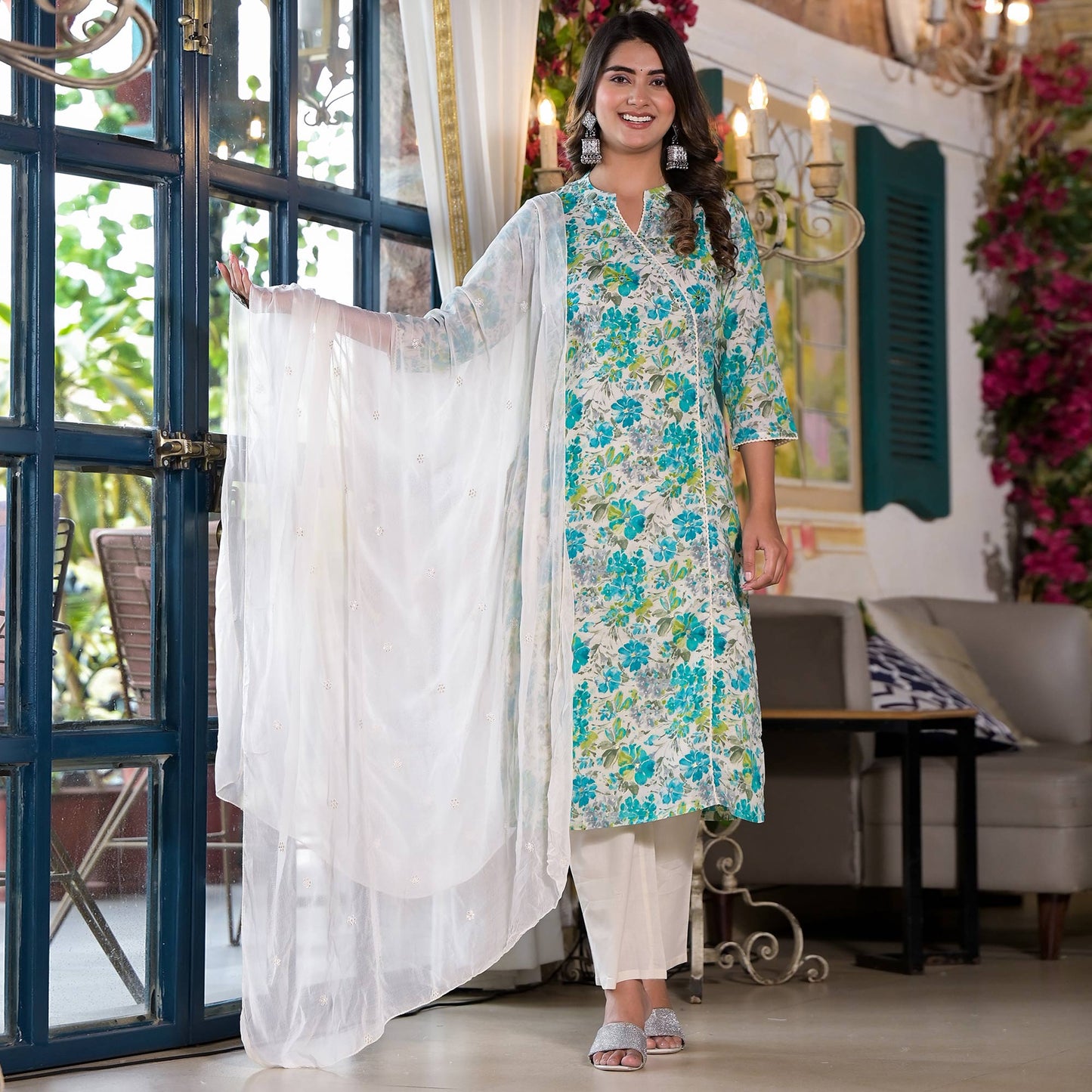 White Floral Angrakha Style Mulmul Cotton Suit With Foil Print