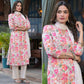 White & Pink Floral Angrakha Style Pure Cotton Suit With Foil Print