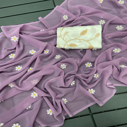 Light Purple Floral Embroidered Georgette Saree