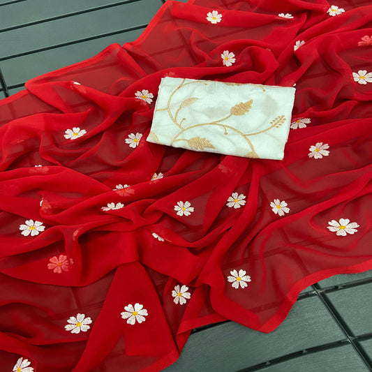 Red Floral Embroidered Georgette Saree