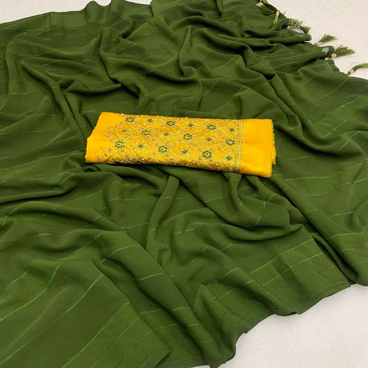 Mehendi Green Zari Woven Georgettte Saree With Tassels