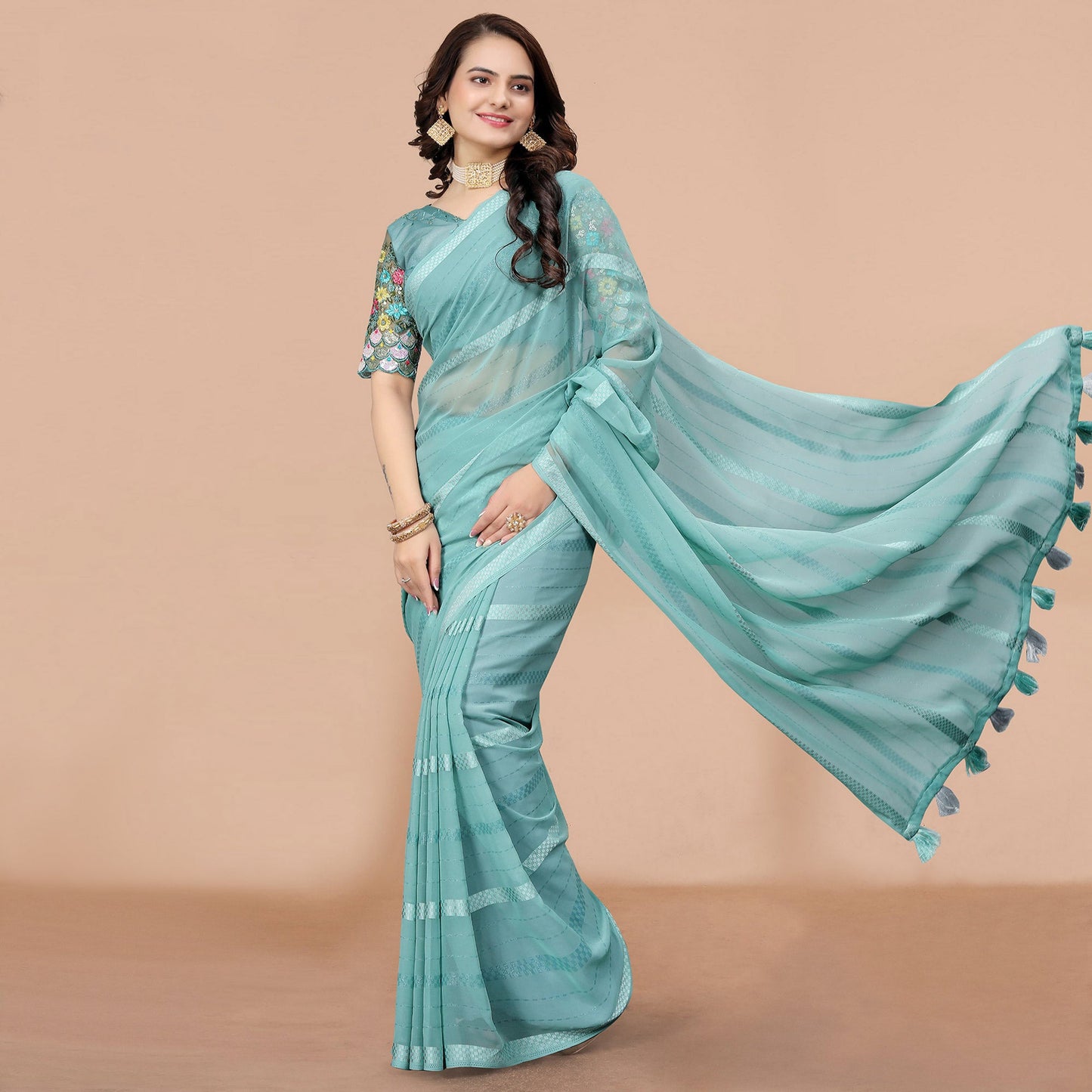 Blue Zari Woven Georgette Saree With Tassels