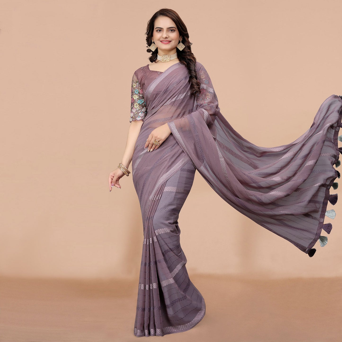 Dusty Purple Zari Woven Georgette Saree With Tassels