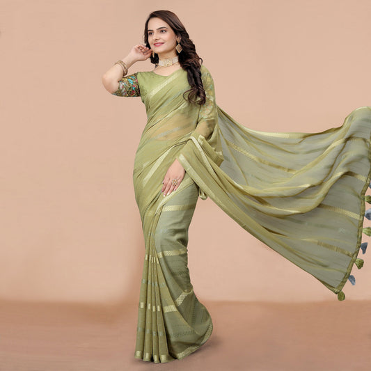 Green Zari Woven Georgette Saree With Tassels