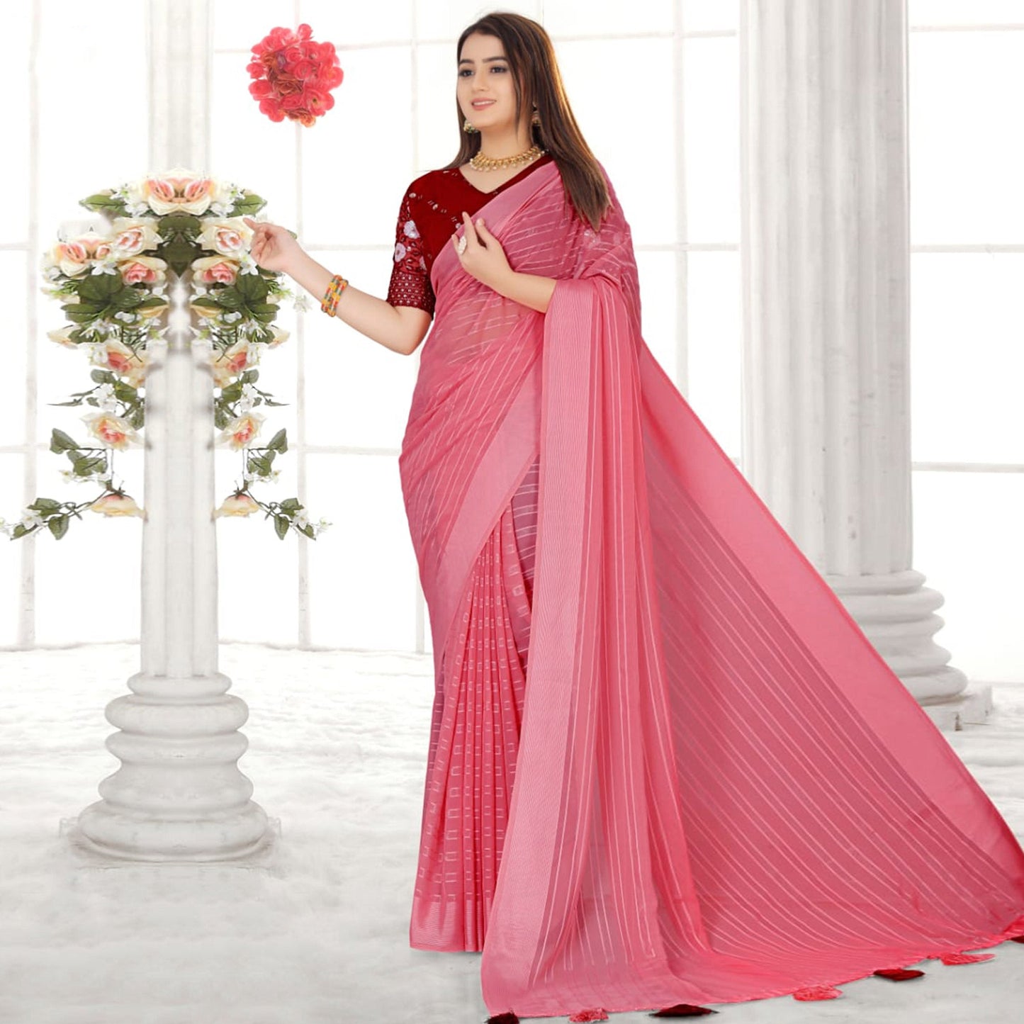 Gajari Pink Zari Striped Chiffon Saree With Tassels