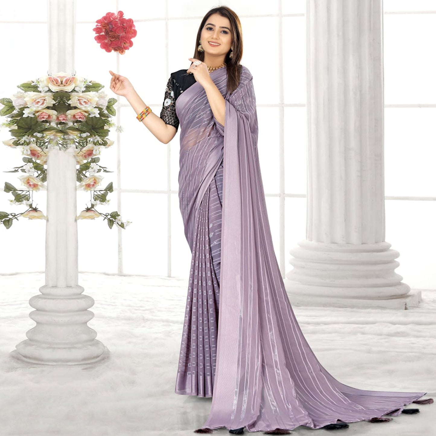 Light Purple Zari Striped Chiffon Saree With Tassels