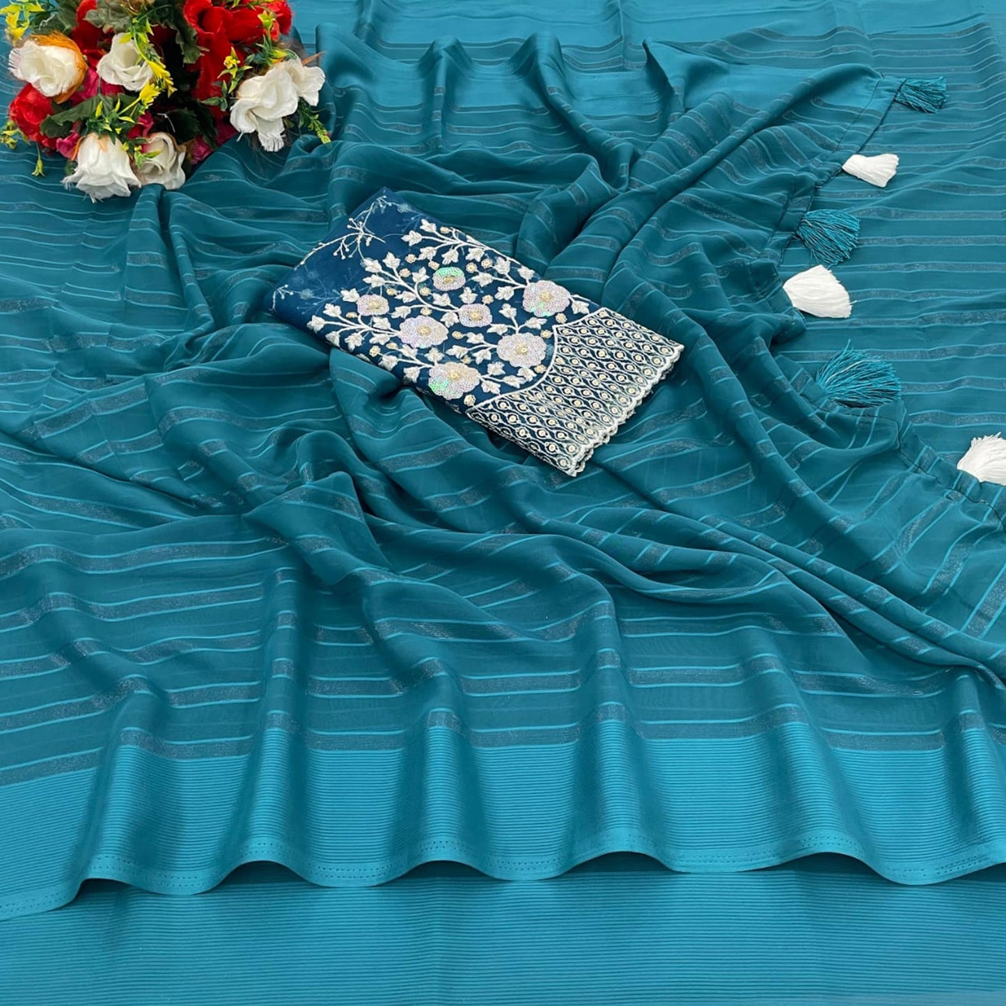 Rama Blue Zari Striped Chiffon Saree With Tassels