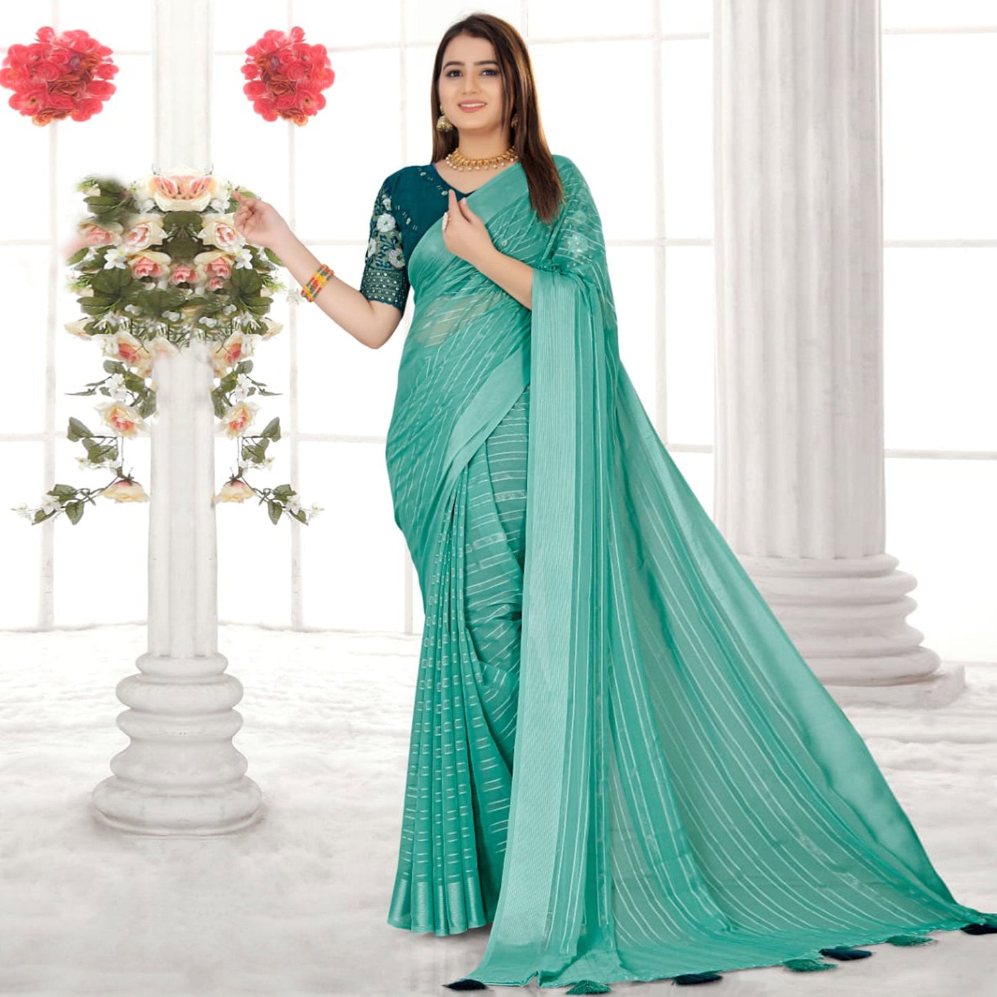 Turquoise Zari Striped Chiffon Saree With Tassels