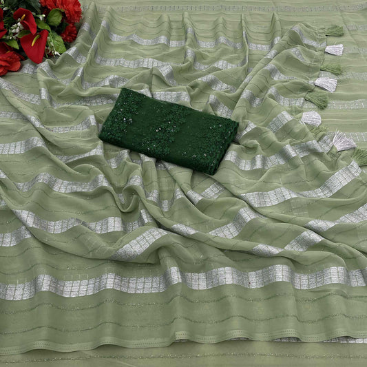 Green Zari Striped Georgette Saree With Tassels