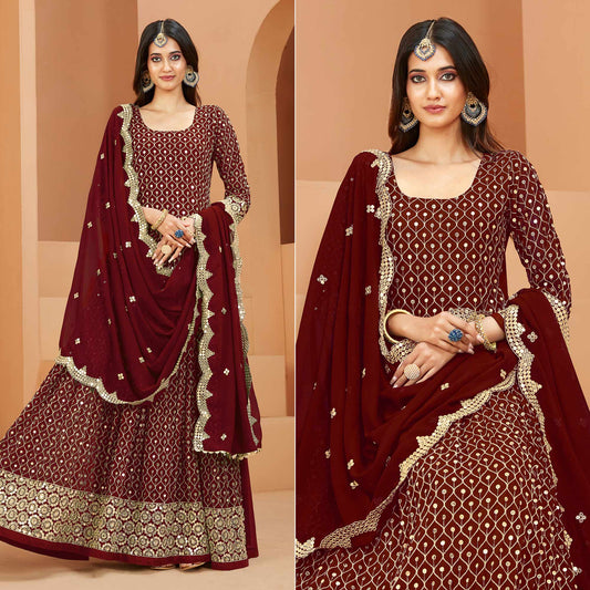 Maroon Sequins Embroidered Georgette Semi Stitched Anarkali Suit