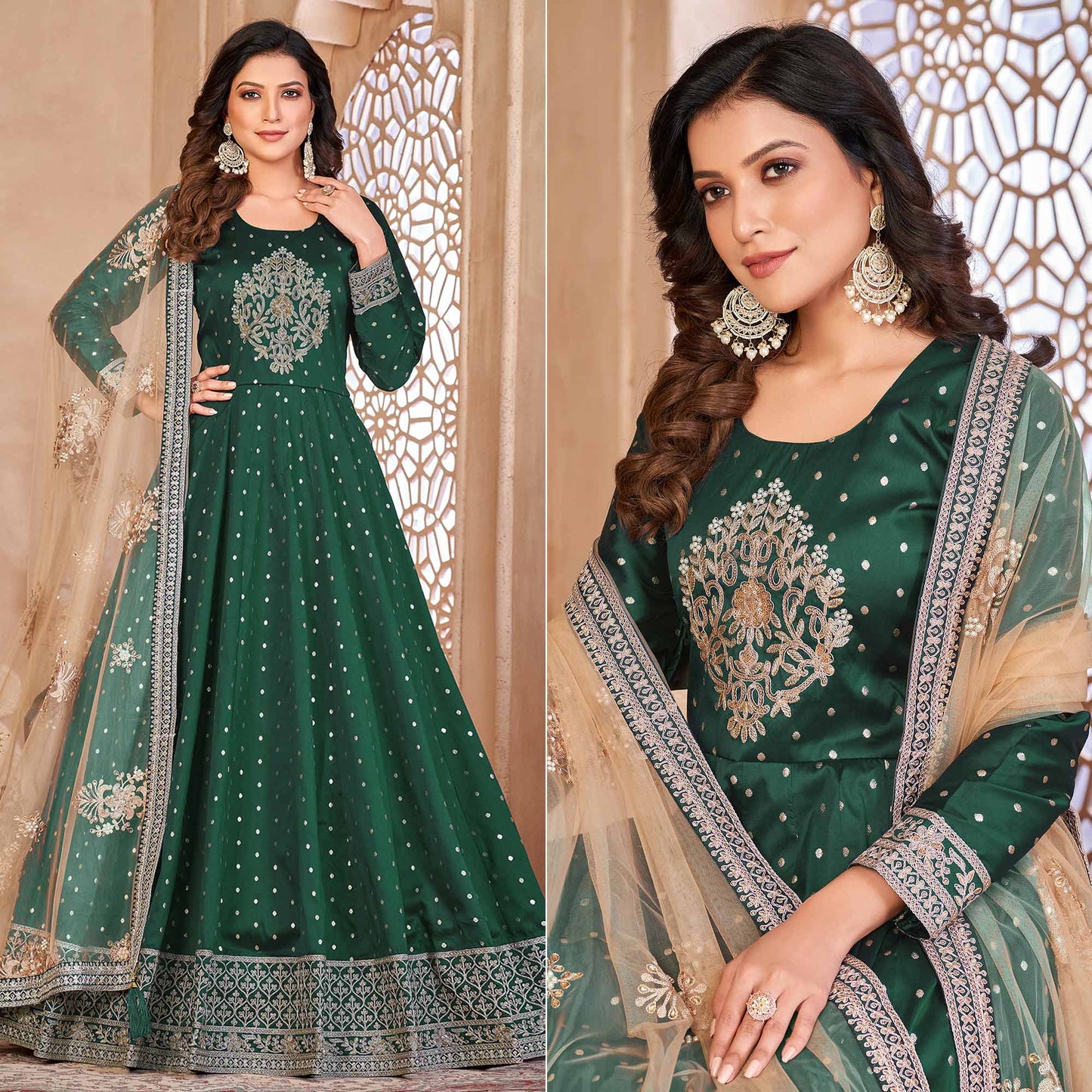 Green Floral Embroidered Tapetta Silk Semi Stitched Anarkali Suit