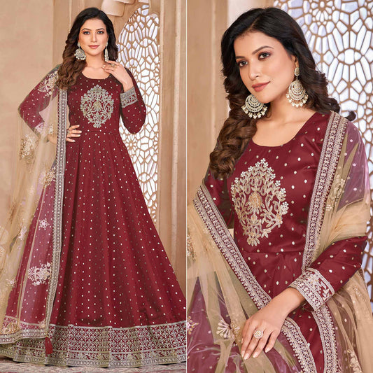 Maroon Floral Embroidered Tapetta Silk Semi Stitched Anarkali Suit