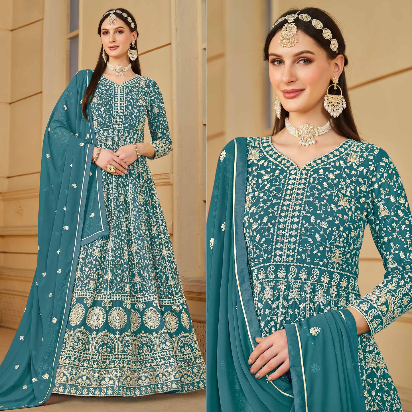 Rama Blue Floral Embroidered Georgette Semi Stitched Anarkali Suit