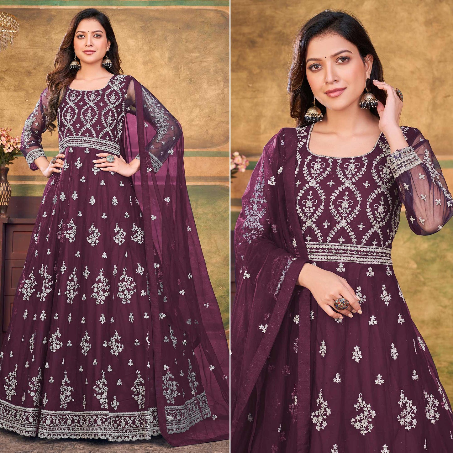 Purple Embroidered Net Semi Stitched Anarkali Suit