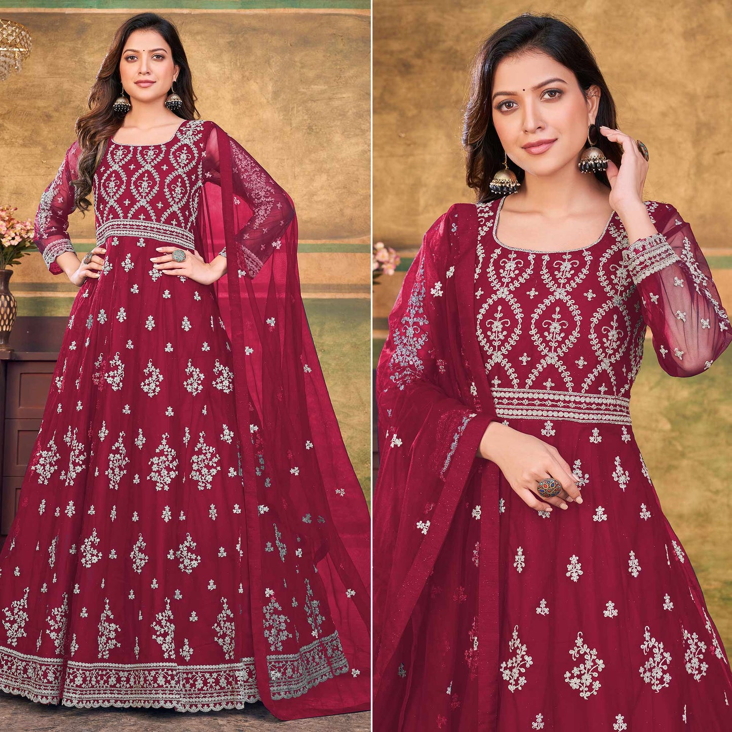 Pink Embroidered Net Semi Stitched Anarkali Suit