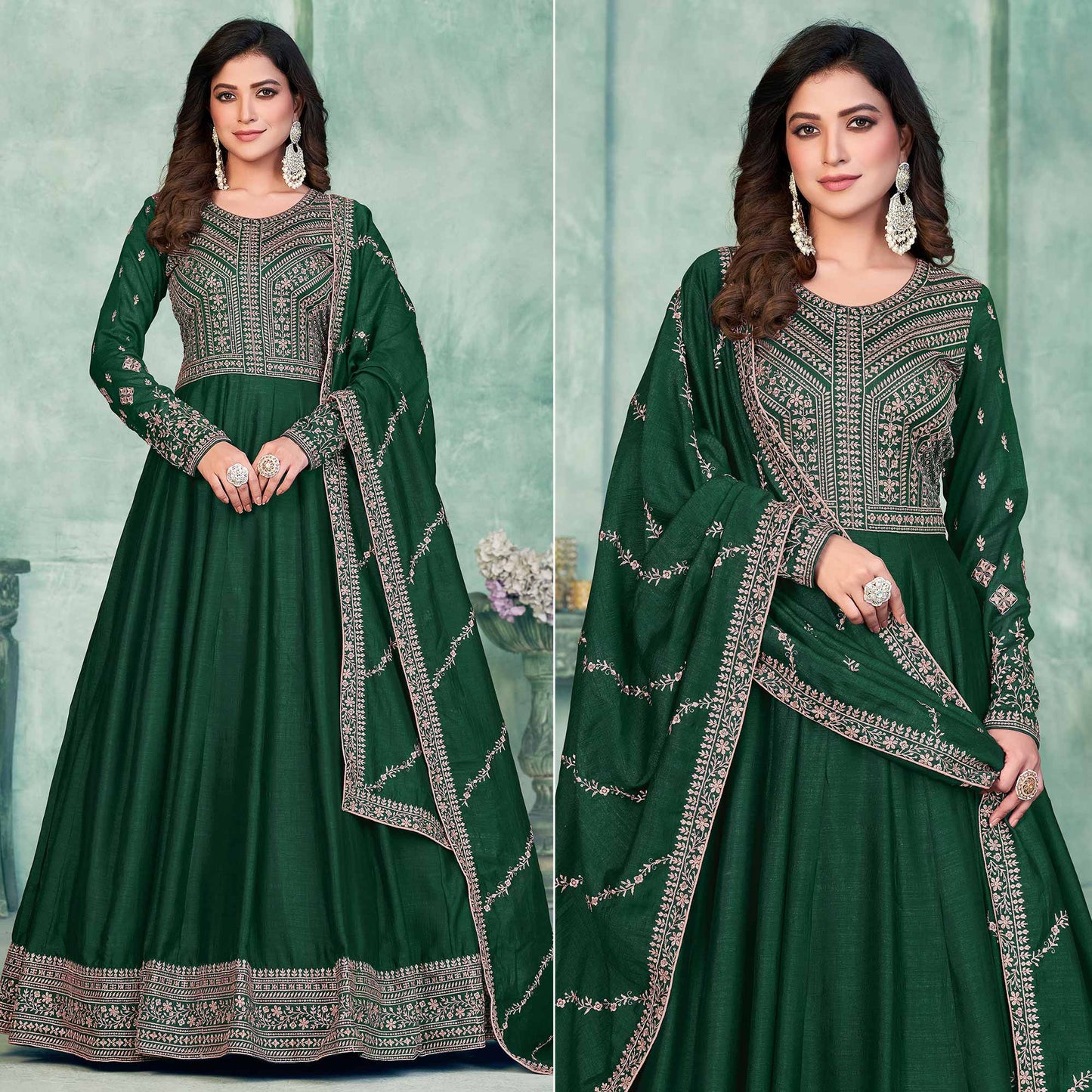 Green Embroidered Art Silk Semi Stitched Anarkali Suit