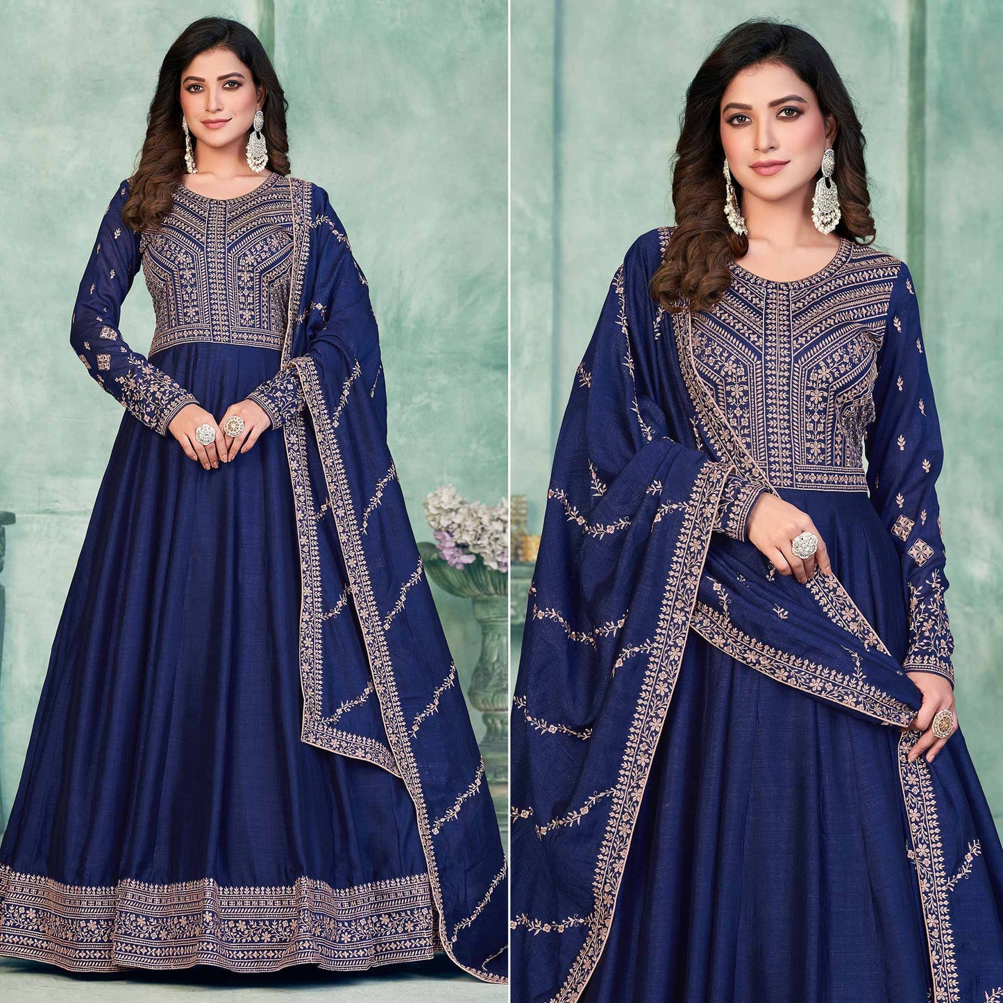 Blue Embroidered Art Silk Semi Stitched Anarkali Suit