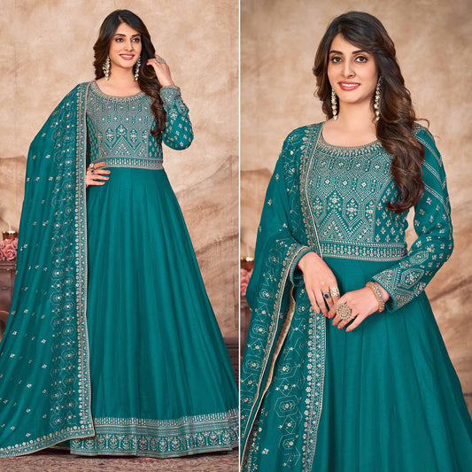 Rama Blue Embroidered Art Silk Semi Stitched Anarkali Suit