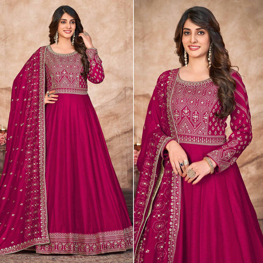 Pink Embroidered Art Silk Semi Stitched Anarkali Suit