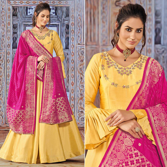 Yellow Handwork Embroidered Art Silk Anarkali Suit