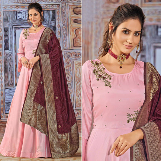 Pink Handwork Embroidered Art Silk Anarkali Suit