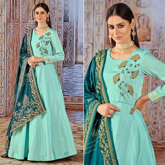 Turquoise Handwork Embroidered Art Silk Anarkali Suit