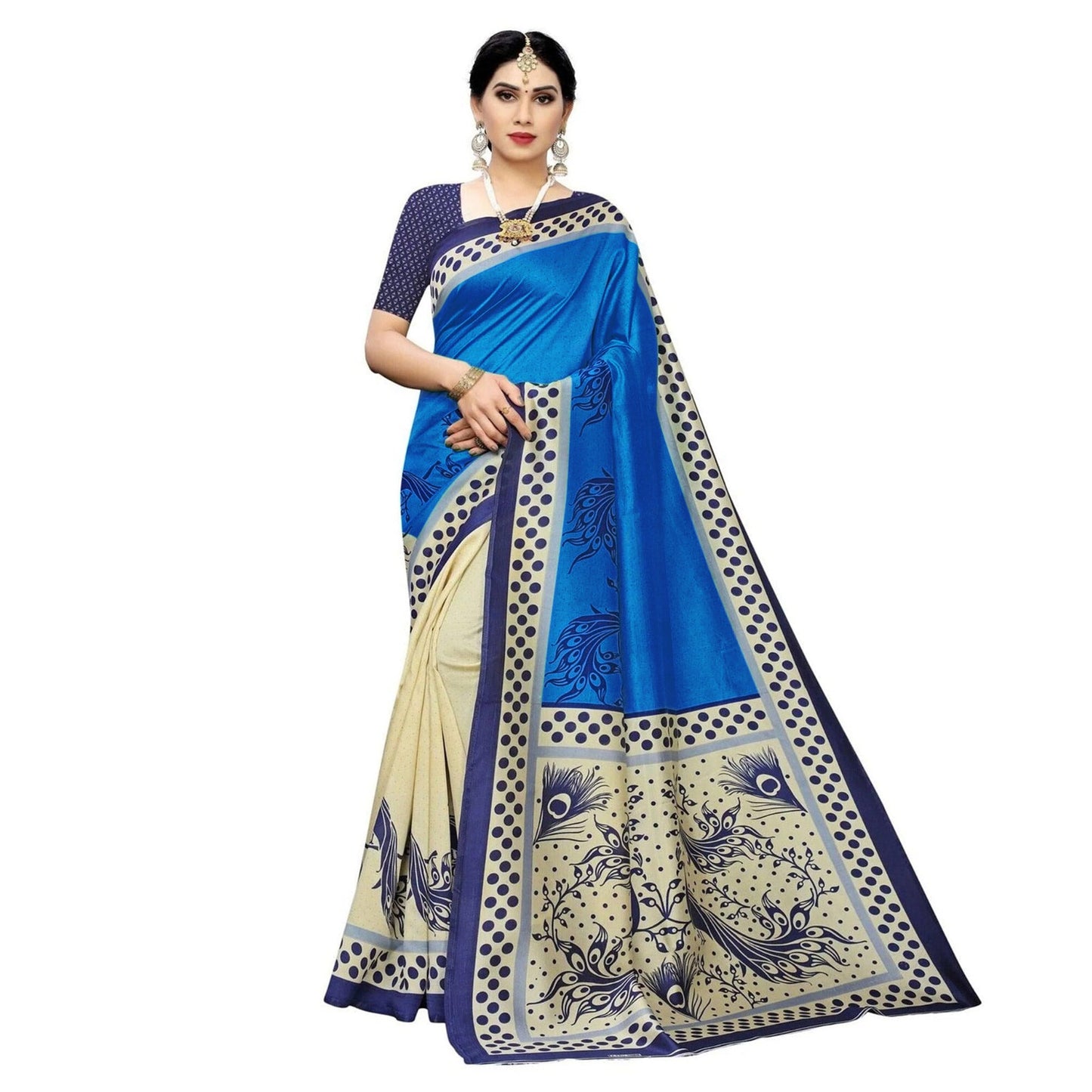 Cream Blue Printed Art Silk Half N Half Saree