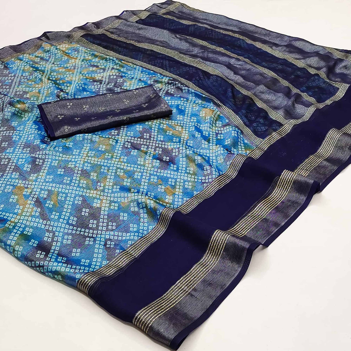 Blue Bandhani Printed Chiffon Saree With Zari Border