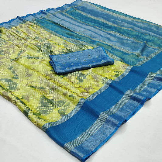 Lemon Green Bandhani Printed Chiffon Saree With Zari Border