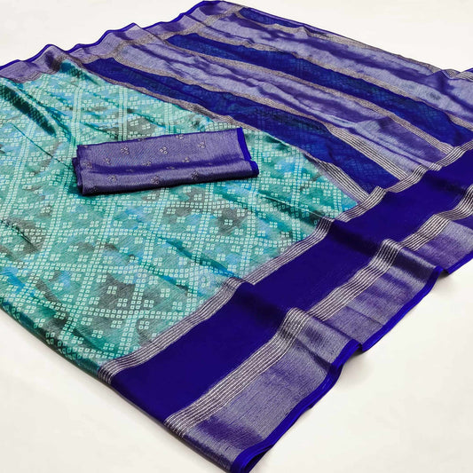 Turquoise Bandhani Printed Chiffon Saree With Zari Border