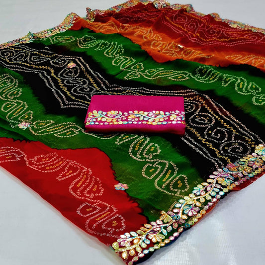 Multicolor Bandhani Gota Embroidered Georgette Saree